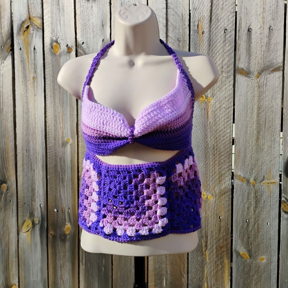 Handmade Granny Square Crochet Crop Top Boho Festival Halter Bralette Free Size